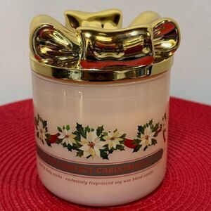 BBW The Perfect Christmas 3 Wick Scented Candle, Gold Tone Bow Lid/Topper NWT